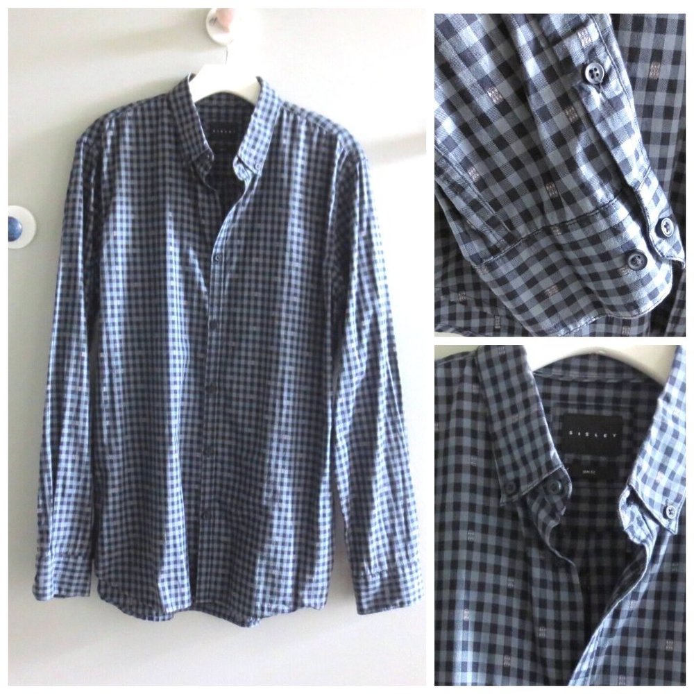 SISLEY ITALY MEN'S GINGHAM CHECK BUTTON DOWN SHIRT GRAY/BLACK